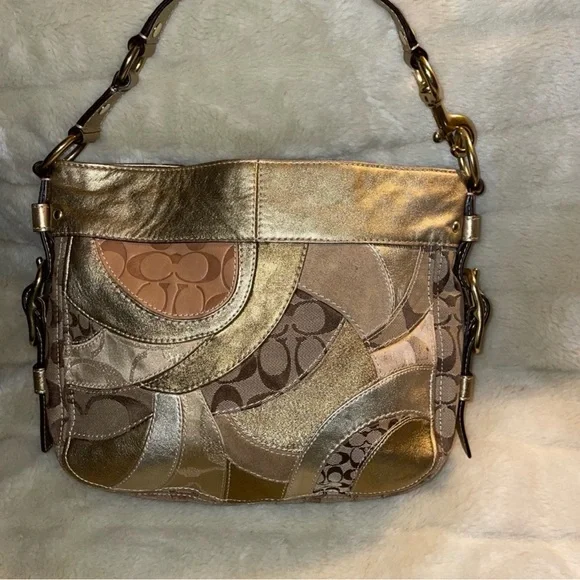 Coach Metallic Patchwork Shoulder Bag in Gold and Tan - Picture 2 of 7